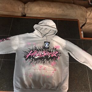 Hellstar Men's Gray Pullover Hoodie with Pink Graphic